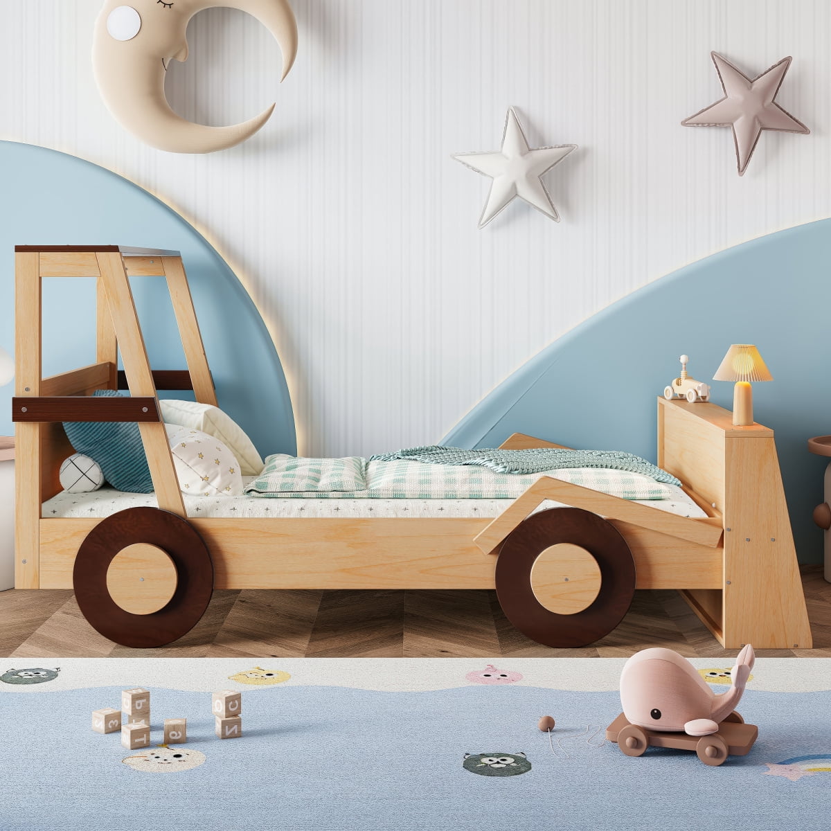 Twin Size Car Bed with Storage Shelves,  Platform Bed with Cute Car-shape, Childlike Design, Natural