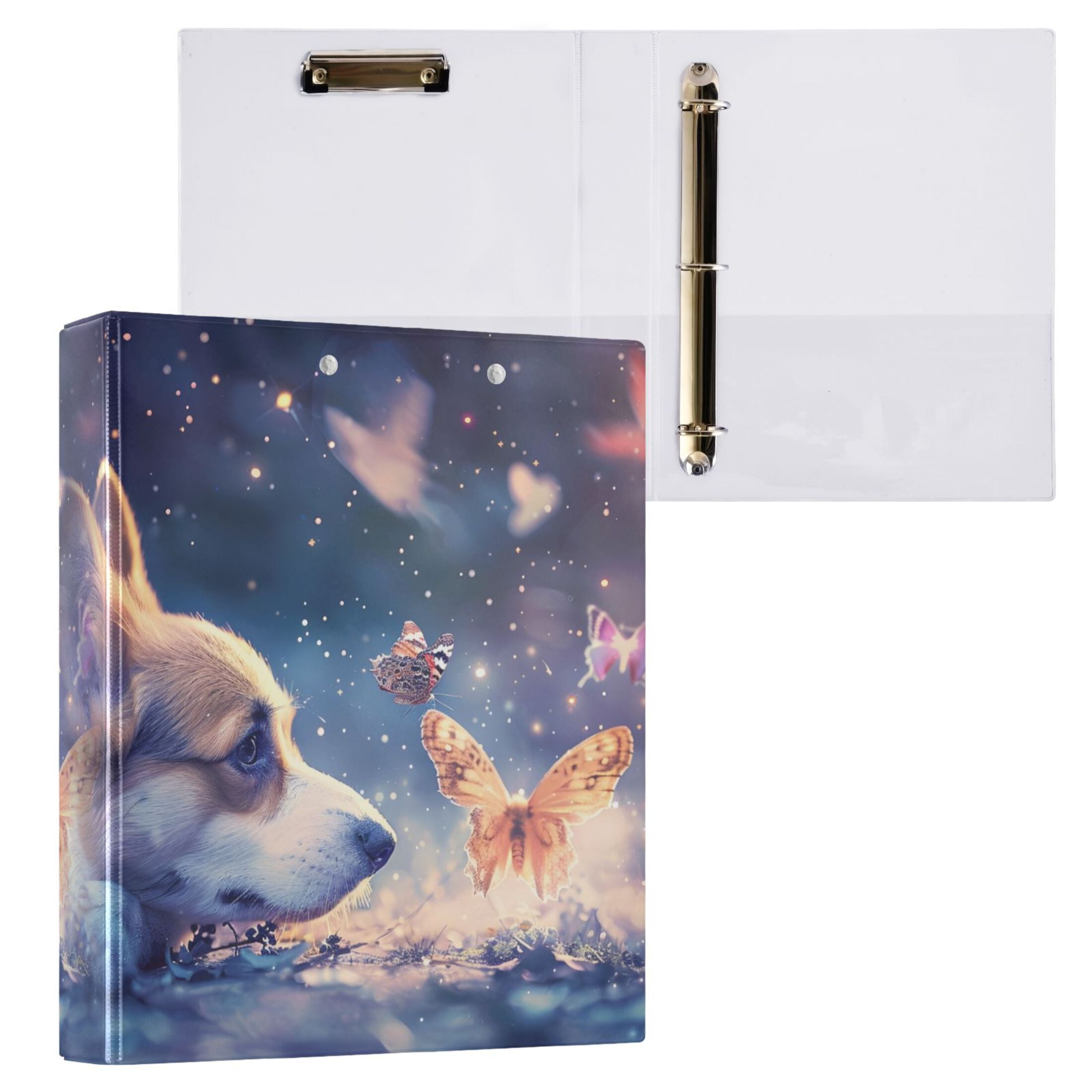 Corgi Dog Butterfly Hardcover 3 Ring Binder 1.5 inch Round Rings with Interior Pockets Binders Organizer Office School 1 Pack