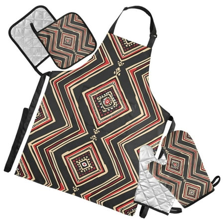 Tribal Line Shapes 5 Pcs Kitchen Set Heat Resistant Oven Mitts and Non-Slip Pot Holders with Adjustable Cooking Apron