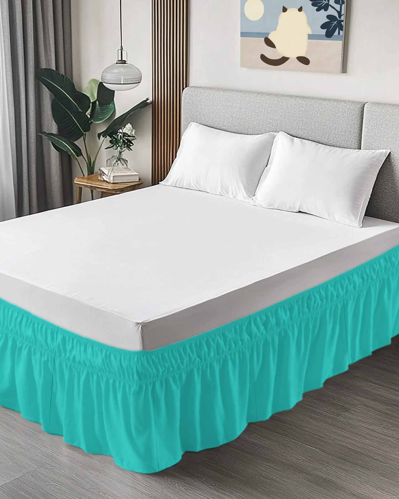 Turquoise Wrap Around Bed Skirts for Queen Bed 16" Drop, Bed Skirt with Adjustable Elastic Belt Dust Ruffle Bed Valance for Bedroom Hotel Luxury Modern Pure Turquoise Bed Frame Cover