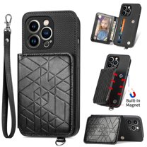 Elehold Luxury Leather Lanyard Wallet Case for iPhone 14 Pro Max 6.7 inch Magnetic Closure with Hand Strap Card Cash Slot Shockproof Kickstand Support Magnetic Car Mount Stylish Phone Case,Black