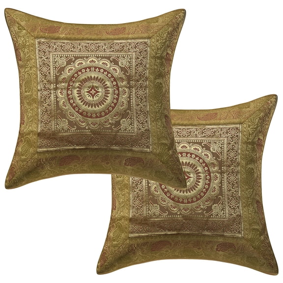 Stylo Culture Indian Chair Seat Throw Pillow Covers 16 x 16 Jacquard Gold Square 40 x 40 cm Home Decor Brocade Floral Mandala Zippered Cushion Covers | Set Of 2
