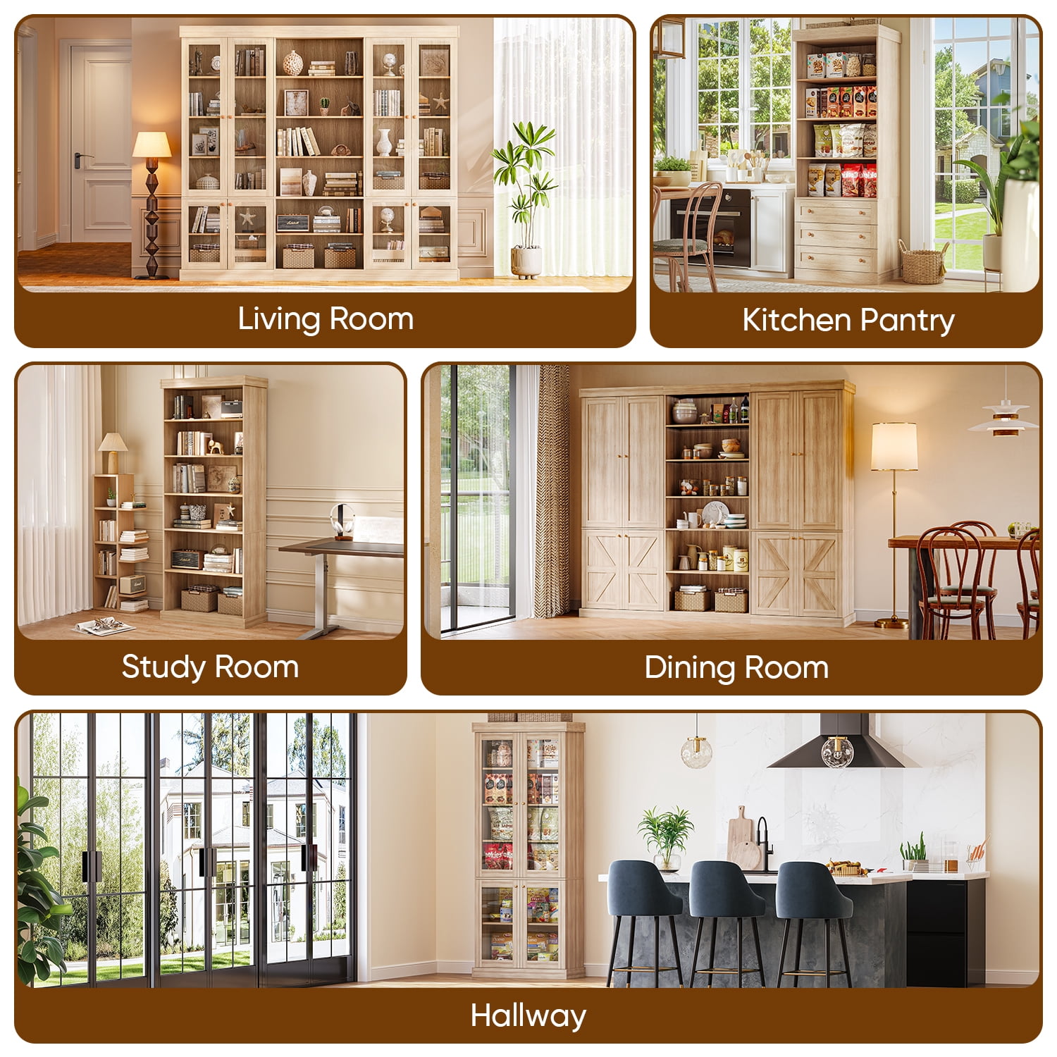 71" Tall Farmhouse Kitchen Pantry Cabinet with Doors,Storage Cabinet with 4-Tier Adjustable Shelves,Wooden Hutch for Home, Kitchen Brown