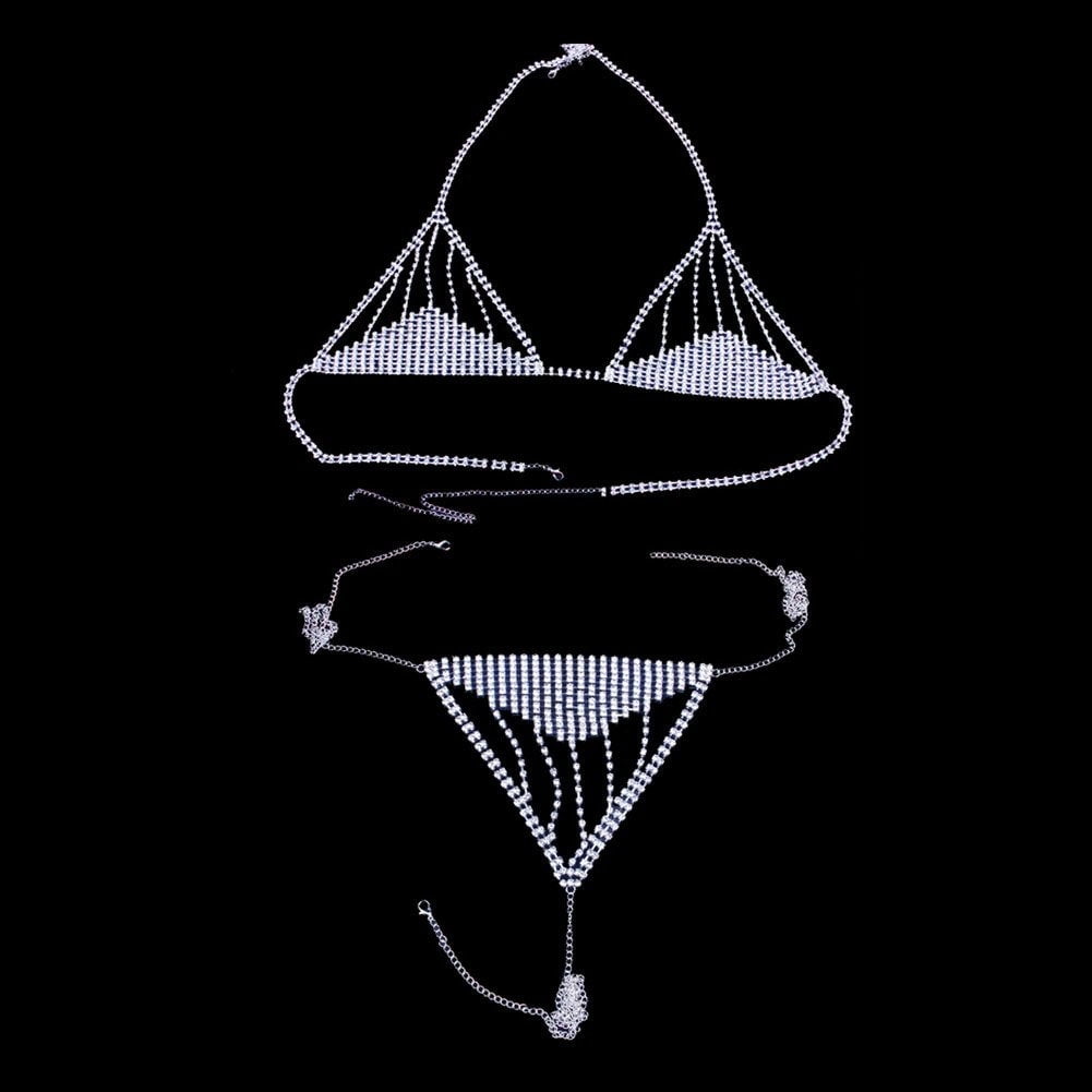 Rhinestone Chain Lingerie Women Bra Thong Set Bikini Body Jewelry Chain