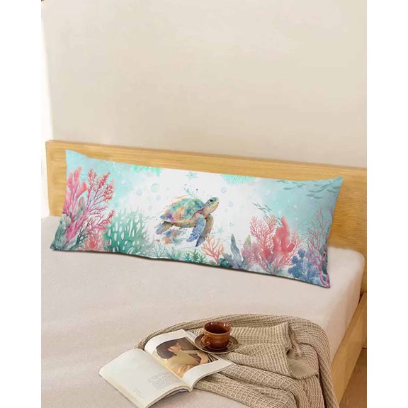 Summer Turtle Throw Pillow Cover, Watercolor Coral Teal Ocean Rectangle Decorative Pillow Case Protector Soft Cushion Cover Lumbar Pillowcase for Couch Sofa Bedroom Car Chair Decor 20x54 Inch
