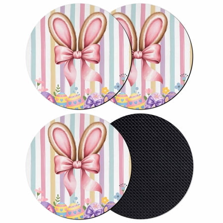 Easter Coasters Set of 4 Absorbent Coasters for Drinks Spring Pink Rabbit Ear Colorful Eggs Stripes Coaster for Desk Coffee Table Protection Home Decor House Warming Gifts 4