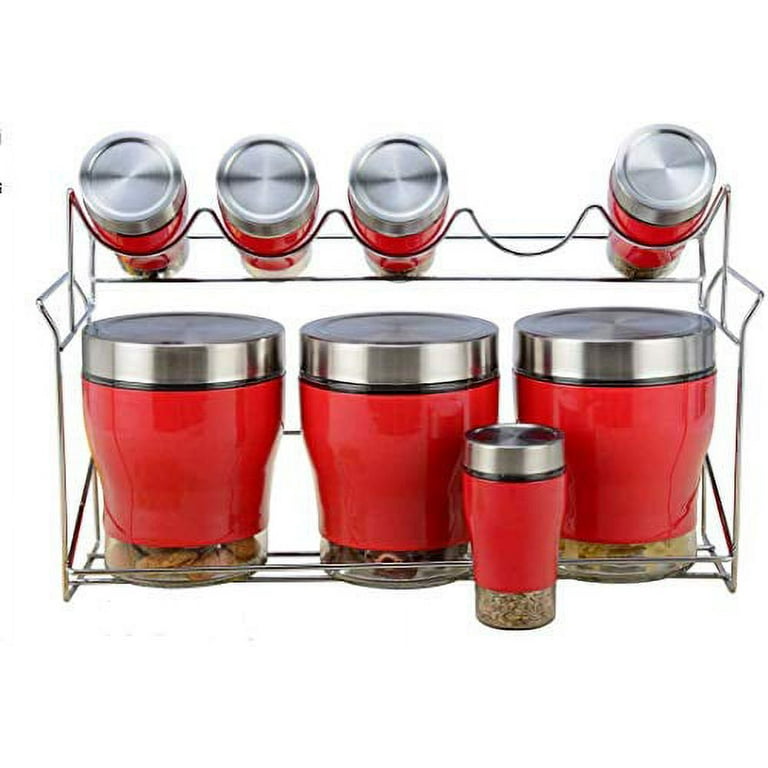 9 Piece Red Kitchen Counter Storage and Spice Rack Jar Set Walmart