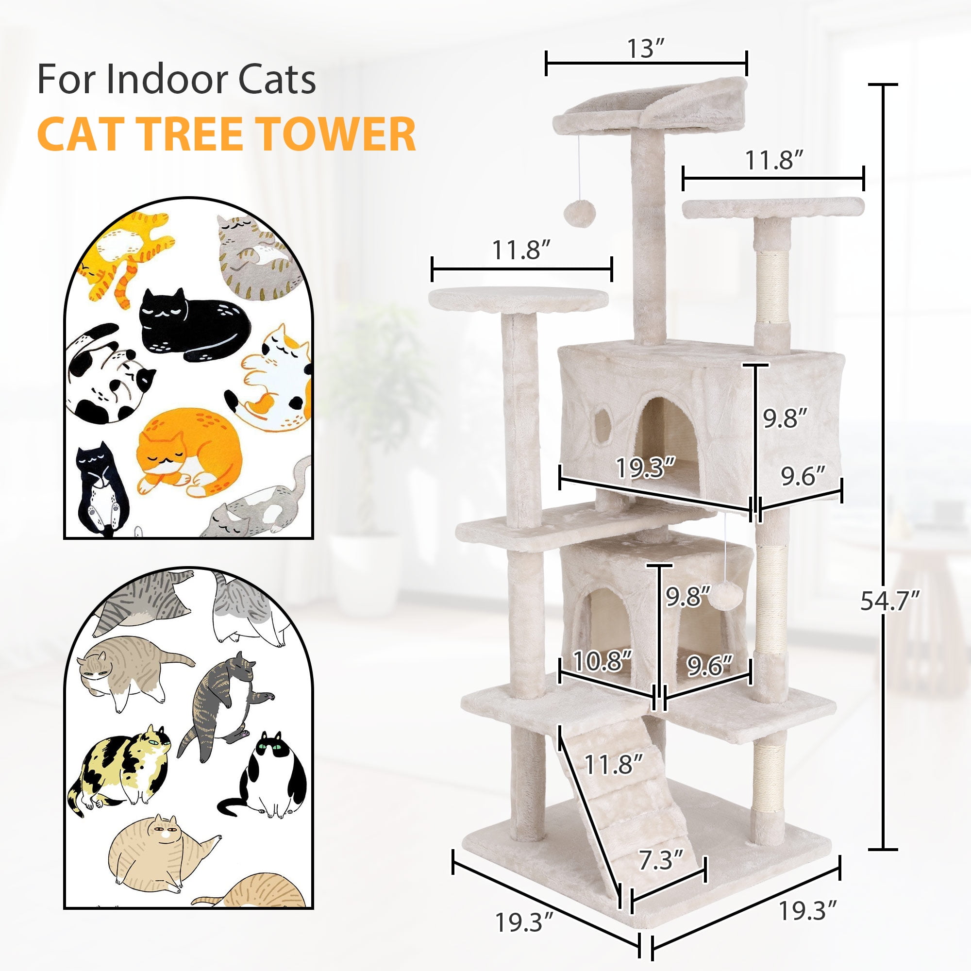 CL.HPAHKL Cat Tree Tower Tall for Indoor Cats, 54in Multi-Level Durable Cat Tower Cat Condo Scratch Post with Natural Sisal Rope Cat Stands for Cats Kitten, Beige