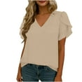 thumbnail image 5 of HomeDM Women's V Neck Summer T Shirts, Petal Short Sleeve Pullover Shirts Solid Color Basic Loose Fit Tee - Khaki/L, 5 of 9