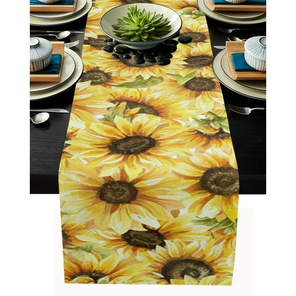 Table Runner Dresser Scarves 90 Inch Long, Watercolor Blossom Yellow Sunflowers Linen Dining Table Runners Farmhouse Flowers Tabletop Scarf for Wedding Holiday Party Kitchen