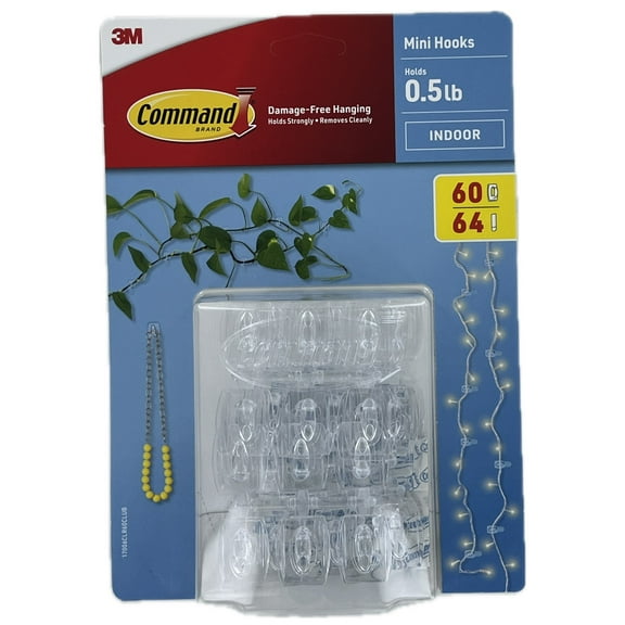 3M Command Clear Indoor Mini Hooks, 60 Hooks & 64 Strips