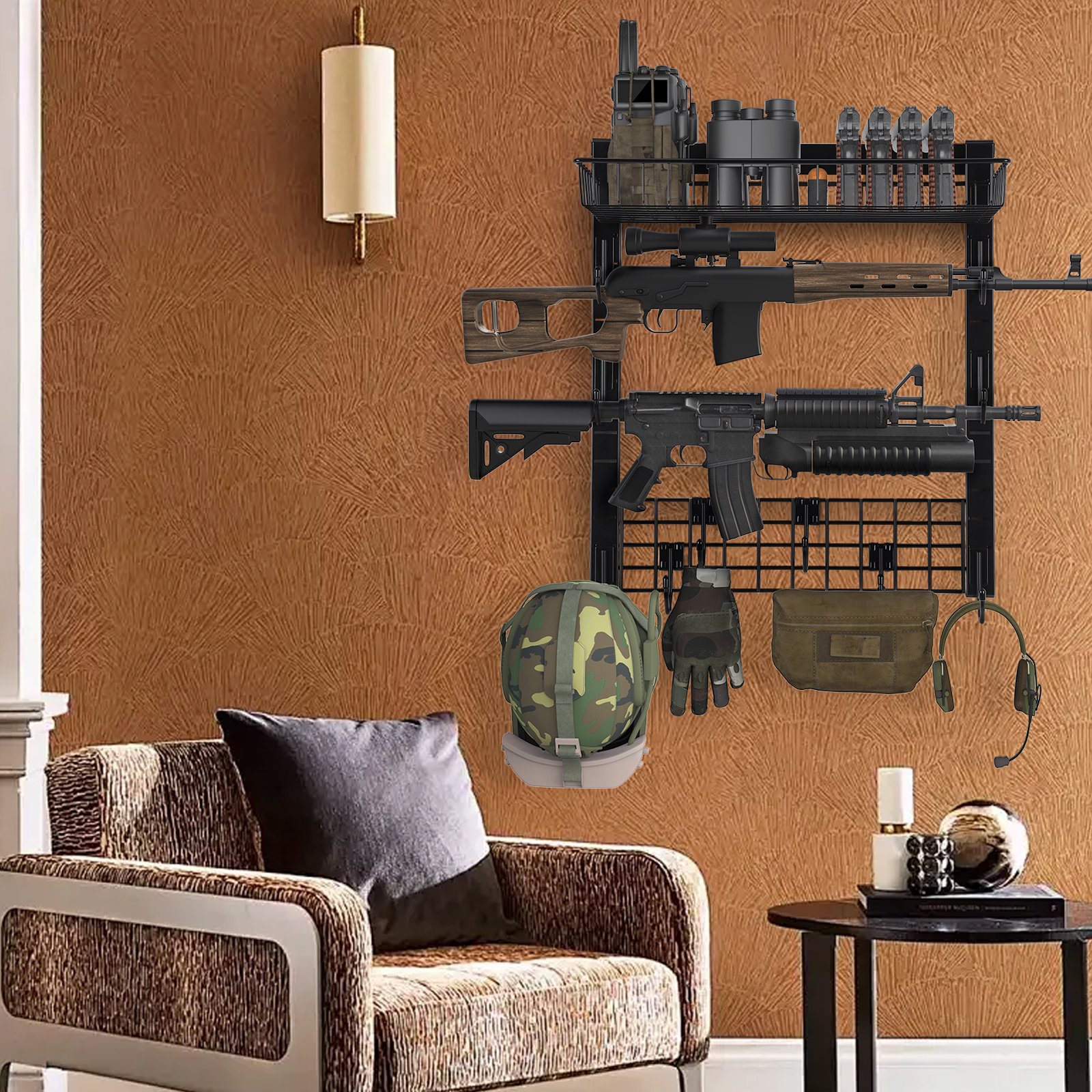 Wall Mount Gun Rack with Storage Basket - Adjustable Metal Firearm Display Organizer with Grid Panel & Hooks for Gun Gear Accessories
