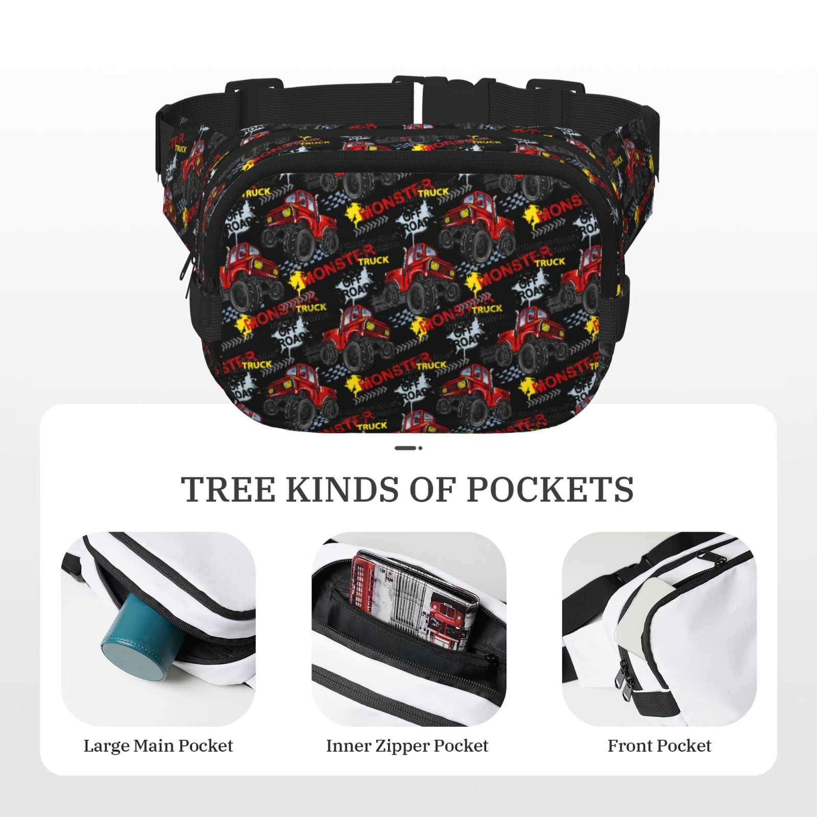Hirioo Monster Truck for Double Layer Waist Bag Adjustable Fanny Pack For Travel Running Hiking