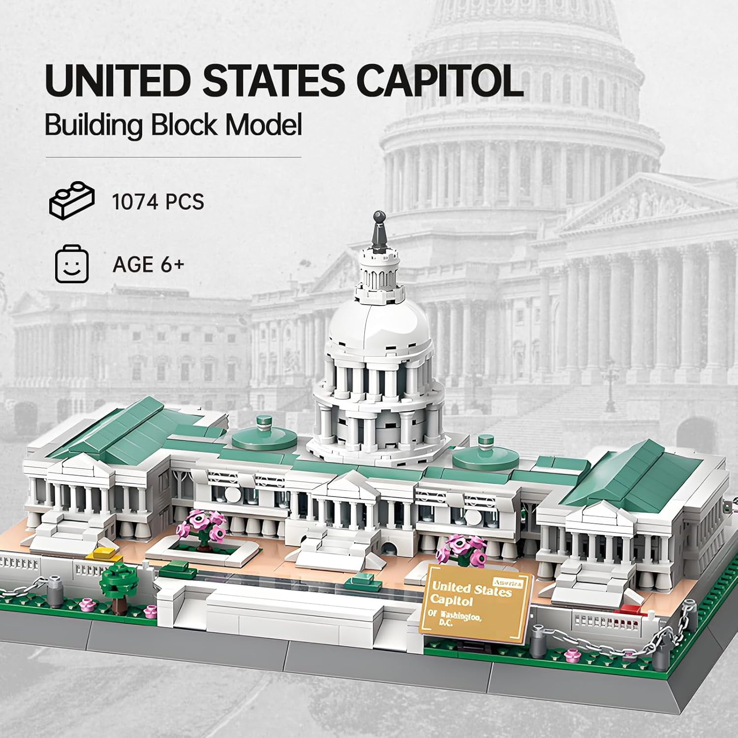 United States Capitol Building Blocks Set 1074 Pieces Washington D.C. Architecture Model Kit with Nameplate & Chain Fence USA Landmark Souvenir Gift Construction Toy