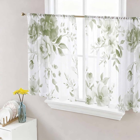Sheer Curtains 45 Inches Long, Sage Green Flower Light Filtering Window Curtains for Living Room/Bedroom, Watercolor Gradient Retro Floral Rod Pocket Voile Sheer Curtain Drapes, 52"W x 45"L, 2 Panels
