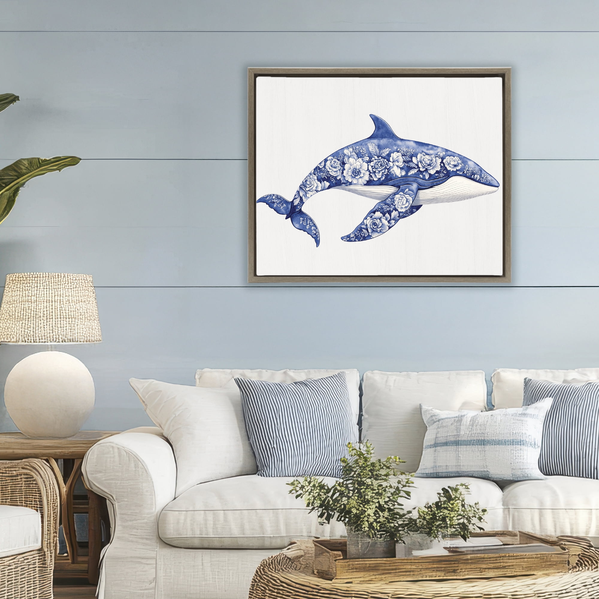 Floral Toile Whale Brown Framed Floater Canvas Wall Art, design by Lettered and Lined