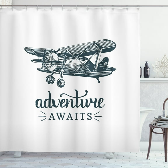 Ambesonne Saying Shower Curtain, Retro Airplane and Words, 69"Wx70"L, Dark Petrol Blue and White