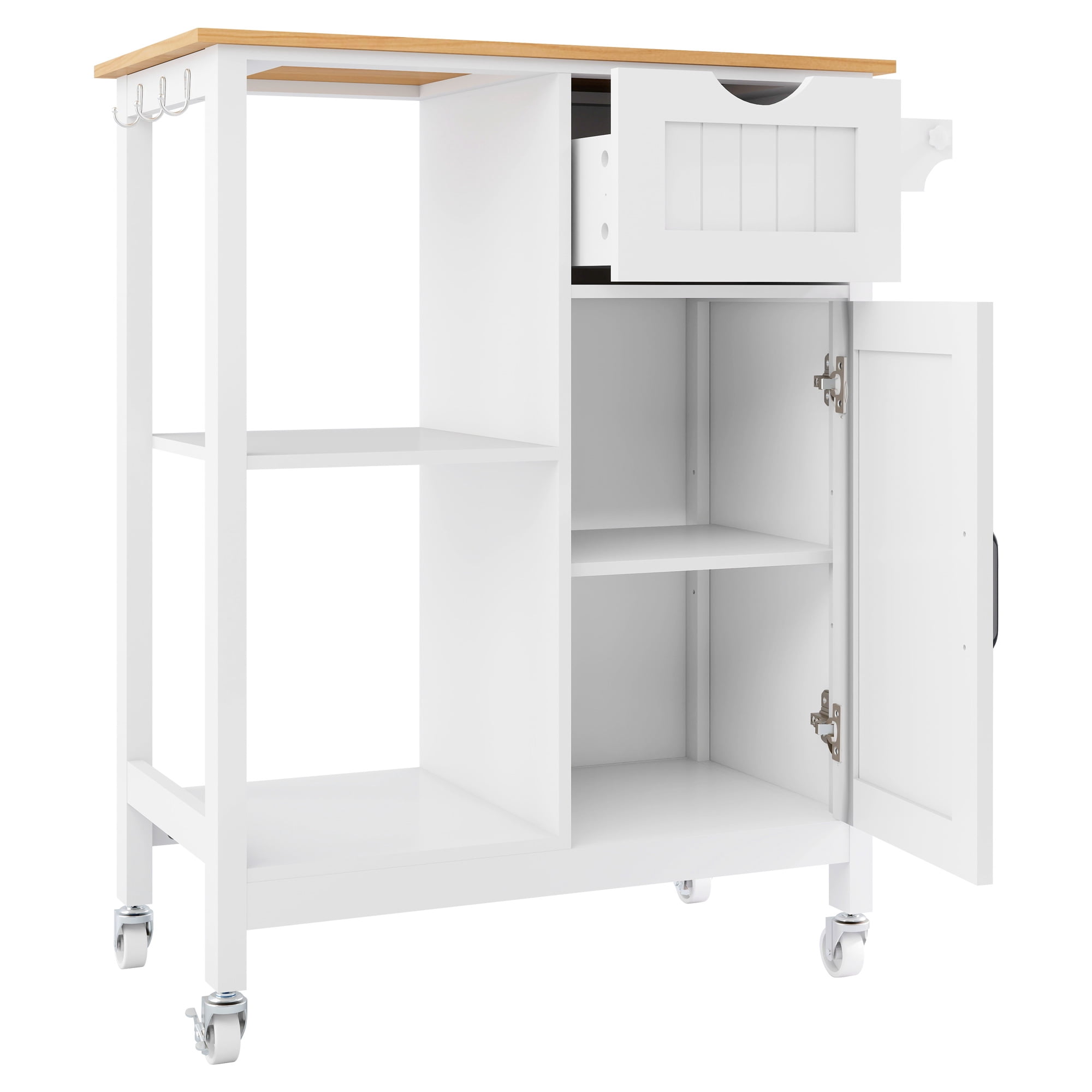 Kitchen Island Cart 33.86 Inch, Rolling Utility Table with Storage Cabinet and Spice Rack, Mobile Kitchen Organizer for Dining Room and Small Spaces, White