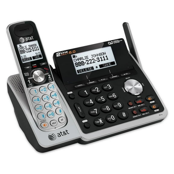 AT&T TL88102 DECT 6.0 2-Line Expandable Cordless Phone with Answering System and Dual Caller ID/Call Waiting, 1 Handset, Silver/Black