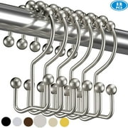 NimJoy Set of 12 Double Shower Curtain Ring Hooks, Rust-Free Premium 18/8 Stainless Steel Easy Glide Rollerball Shower Curtain Hangers, Brushed Matte Nickel Finish