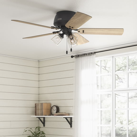 Hunter 52 inch Indoor Ceiling Fan with LED Lights - Black Ceiling Fan with Pull Chain, For Bedroom, Living Room, or Kitchen, Low Profile Mount, No Remote, 5 Blades - Shady Grove 52378, Matte Black