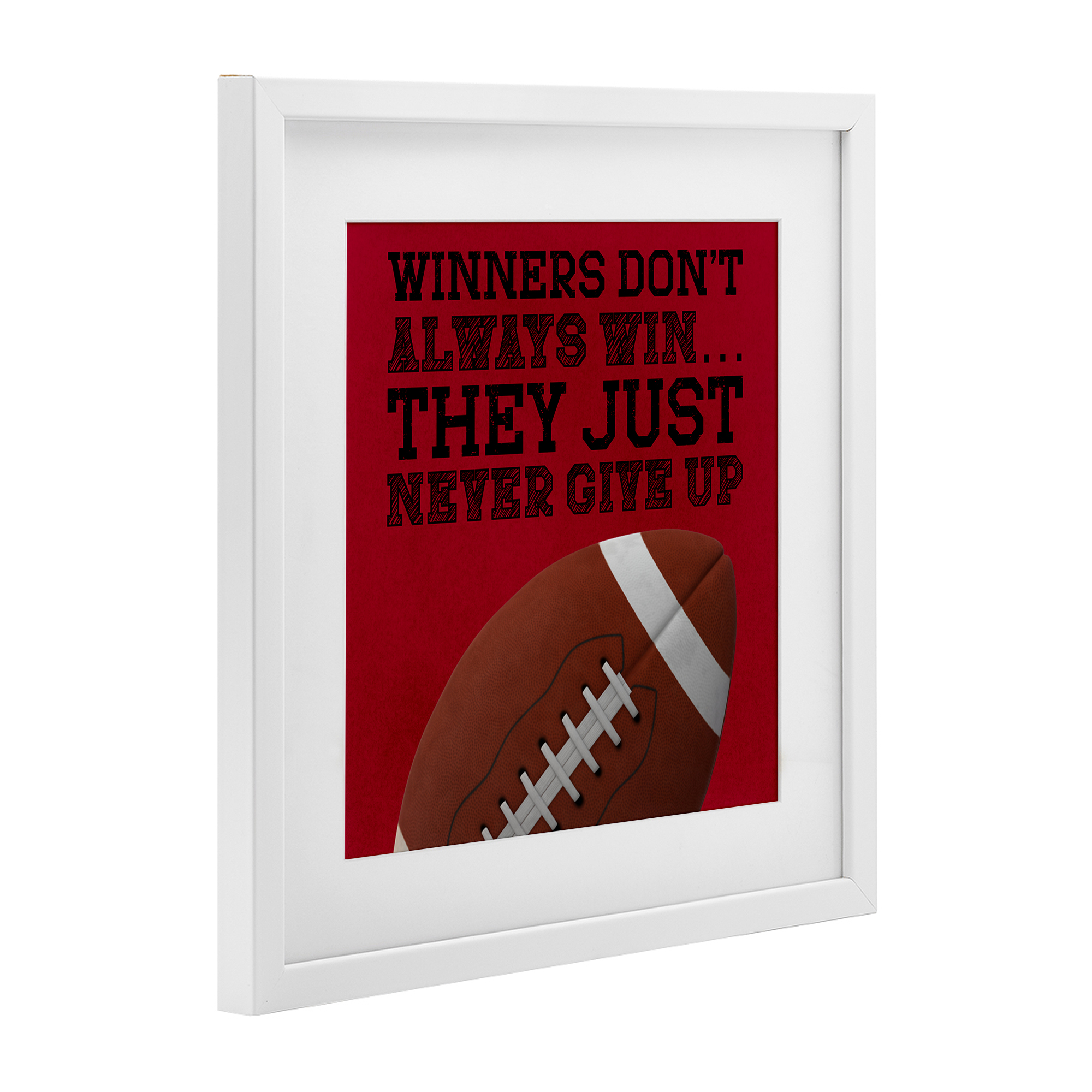 Winners Never Give Up White Framed Print Under Glass, design by Marcus Prime