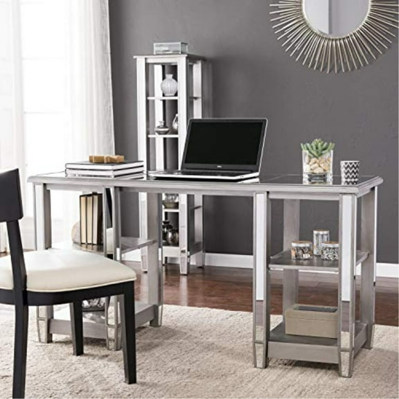 Wedlyn Mirrored Desk - Glam Style - Brushed Matte Silver w/ Mirror