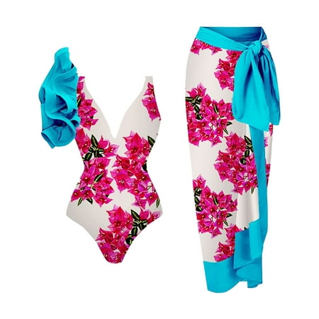 YEJIMAN Blue Bathing Suit for Women  Women s Wintersweet Print 1Piece Swimsuit with Cover up Beach Skirt Sarongs and Two Piece Floral Printed Bikini Bra Set Bathing Suit  M