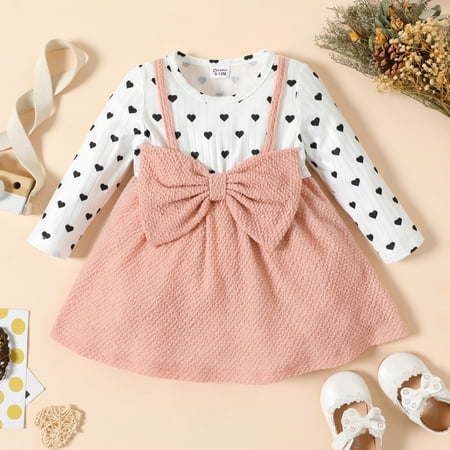 

PatPat Baby Girl Love Heart Print Sling Bowknot Splicing Dress Infant Long Sleeve Fall Outfit Suspender Midi Dress Casual A-Line Party Birthday Valentine s Day Newborn Skirt Spring Clothes 3-24Month
