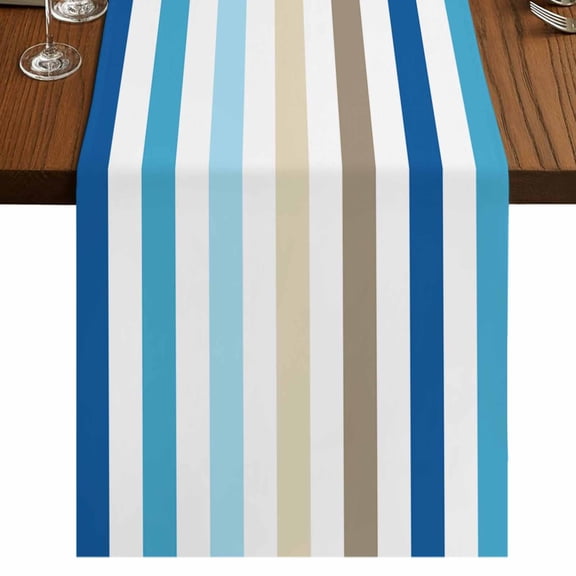 Blue Brown Stripe 70 Inch Table Runner, Ombre Geometric Vertical Striped Farmhouse Dresser Scarf Cotton & Linen Tablerunner for Dining/Kitchen Island/Holiday Party Décor 13" x 70"