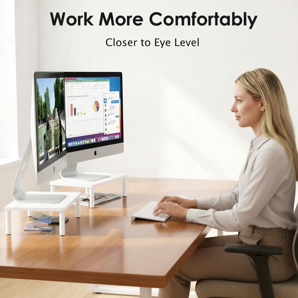 Monitor Stand Riser for Desk, Adjustable Computer & Laptop Stand, Desk Organizer for Monitor, Laptop, PC, Printer, Office Desk Accessories for Home & Office, White Wood