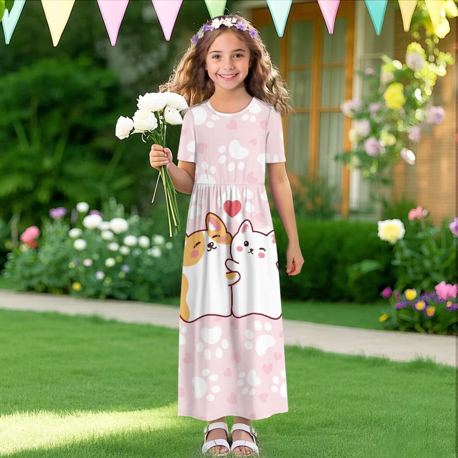 Uourmeti Cartoon Dog Kitty Print Girls Summer Short Sleeve Dress Crew Neck Loose Casual Flowy Tiered Maxi Dress with Pockets Cute Clothes, Size 5-6 Years