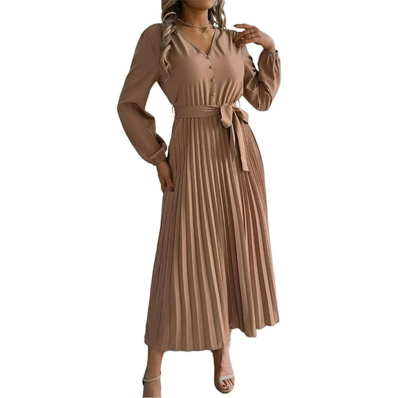 Women's Fall Long Sleeve Midi Dress V Neck Casual Loose Fit Spring Pleated A Line Flowy Vacation Dresses