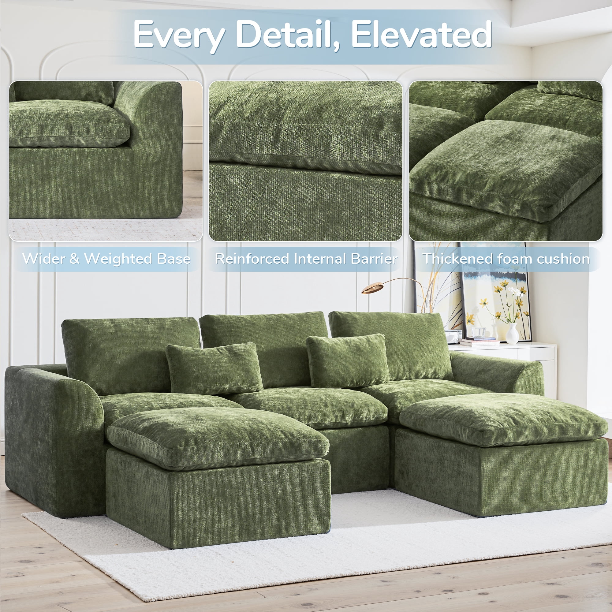 YINIX 120" Modular Sectional Sofa with Movable Ottomans, U-Shaped Couch for Living Room, No Assembly Required, Green