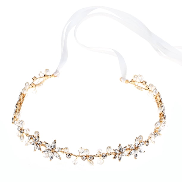 Guirnalda para el cabello Cofre de novia Perla Corona Cristal Cintillo floral Guirnalda para vacaciones Fotografía de boda (Dorado)
