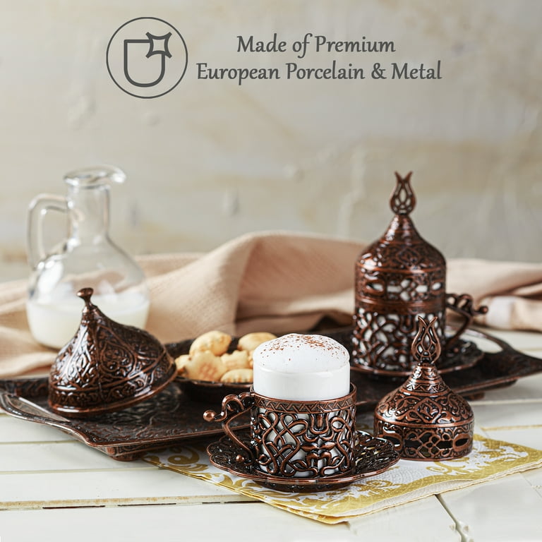 Turkish Coffee Cup Set for 2 With Copper Coffee Pot , Arabic Coffee Set,  Coffee Service Set, Espresso Serving Set, Turkish Serving Tray. 