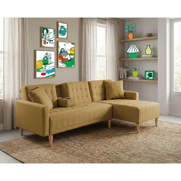 Sala Modular Reversible Makora Kendall Con Memory Foam, Color Mostaza, Lino Respaldo Reclinable De 3 posiciones.