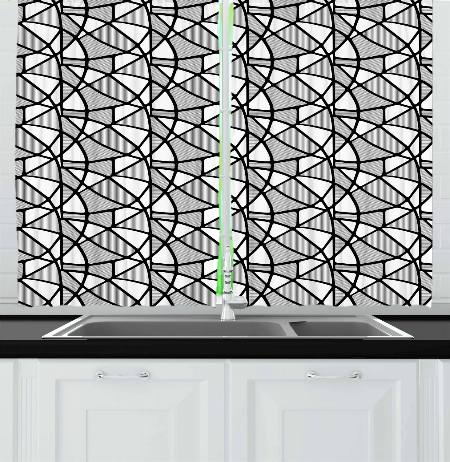 Black and White Curtains 2 Panels Set, Geometrical Pattern with Abstract Design Thick and Thin