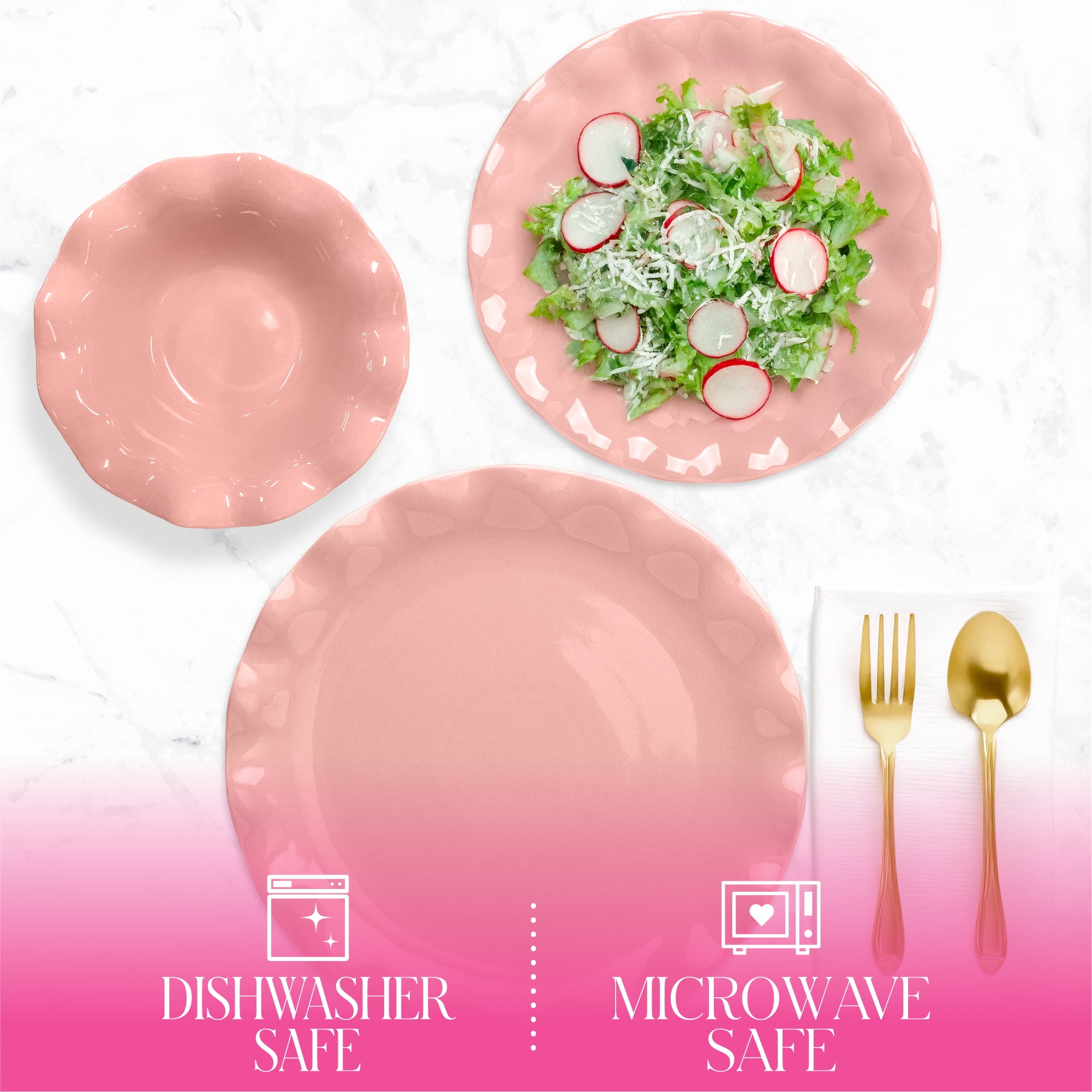 Paris Hilton Heiress Collection 12-Piece Stoneware Dinnerware Set, Plates & Bowls Dish Set, Service for 4, Microwave & Dishwasher Safe, Rose Pink with Scalloped Ruffle Rim