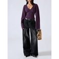 thumbnail image 3 of Women's Slimming Dark Purple V-Neck Pullover Batwing Sleeve Stretchy Long Sleeve Top for Fall Date Night Office Commute Layering, 3 of 8