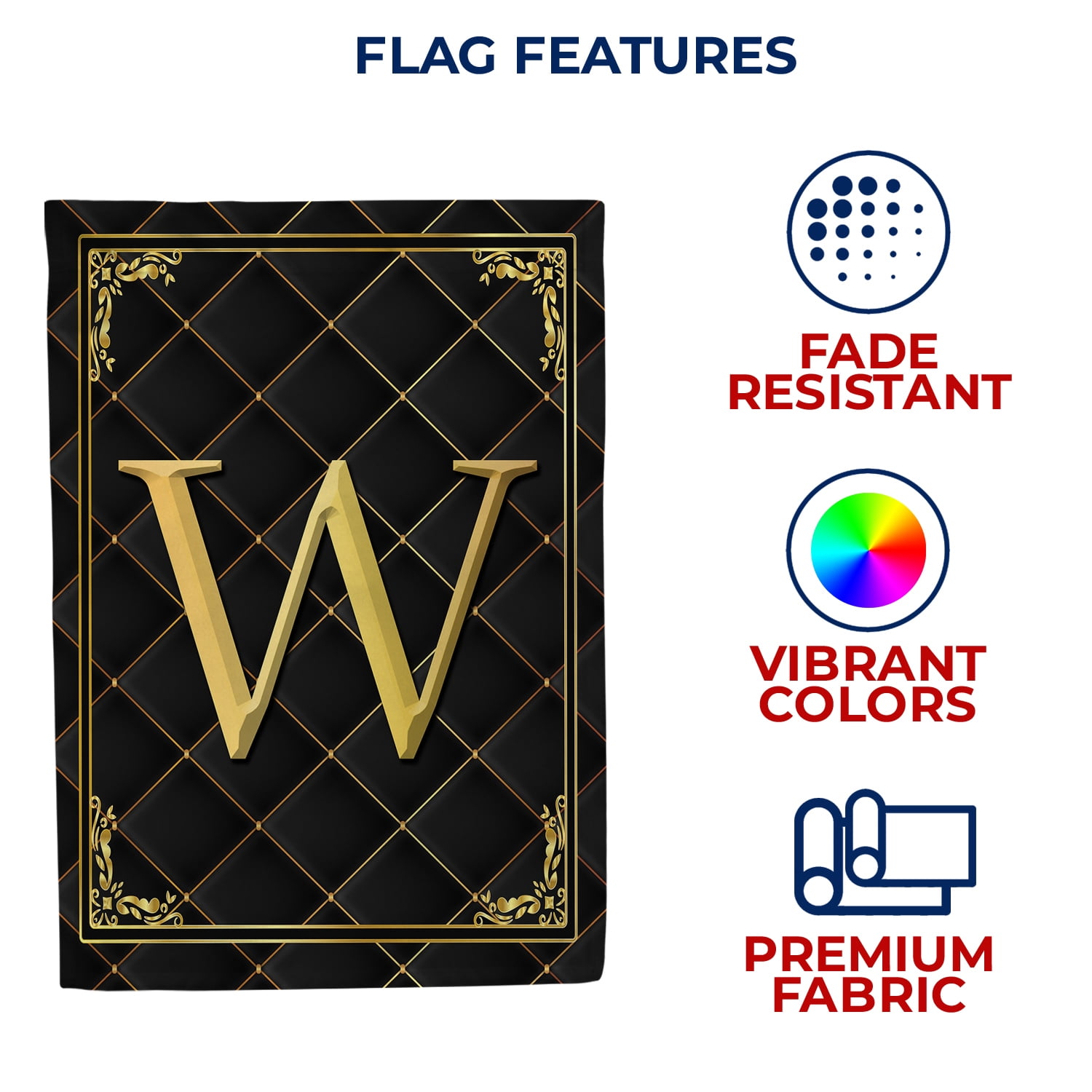America Forever Monogram W House Flag, 28 x 40 inch Double Sided, Black Gold Quilted Design, Decorative Letter W Flag, Elegant Monogrammed Banner, Personalized Initial Outdoor Decor, Yard Flag