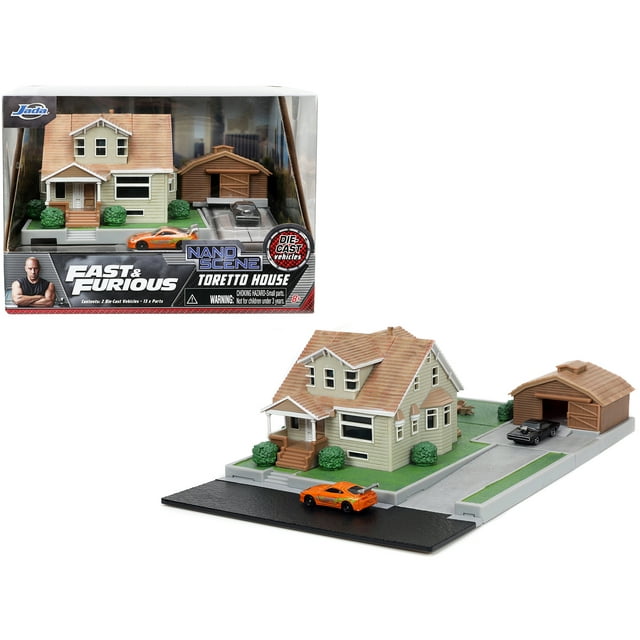 Toretto House Diorama with Dodge Charger Black and Toyota Supra Orange