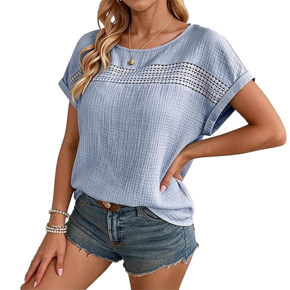 Qgtaibl Womens Cap Sleeve Tops Dressy Lace Hollow Out Round Neck Blouses Casual Solid Color Contton Gauze Lightweight Shirt Sky Blue XXL