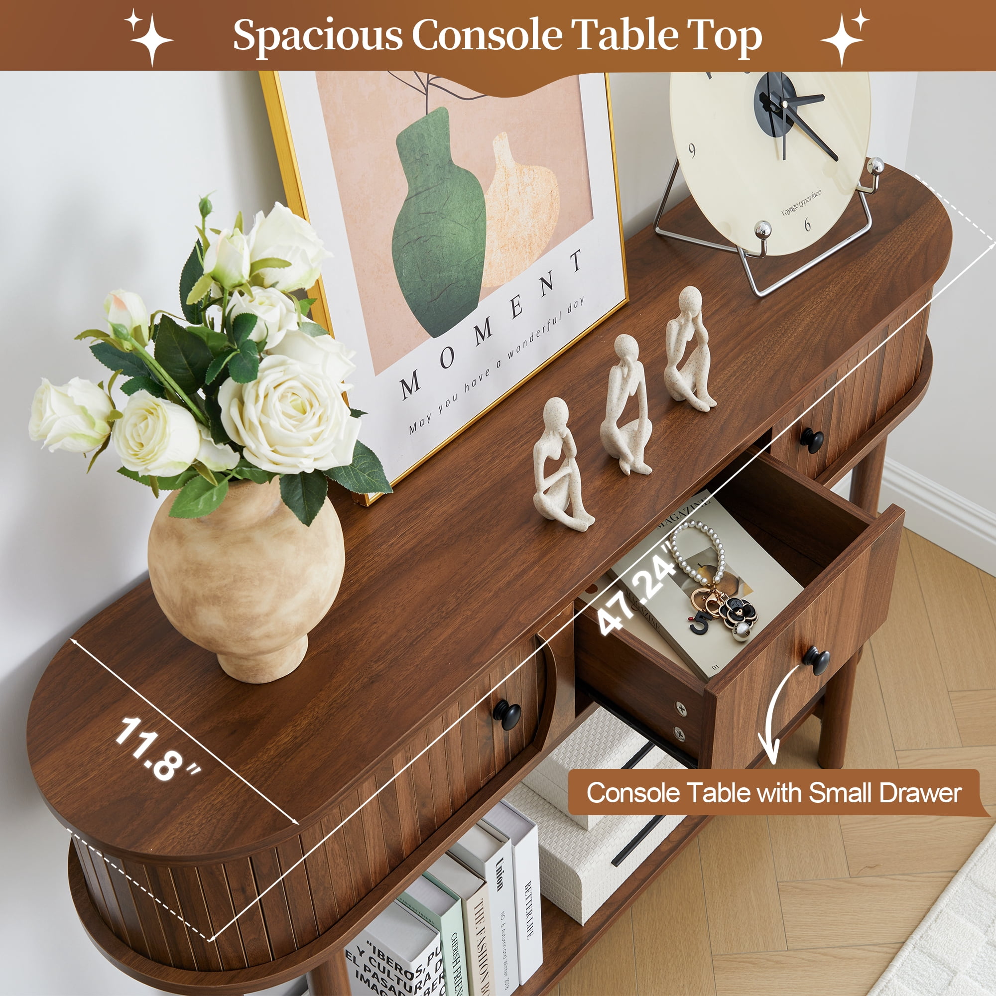 LEFHDA 47.2" Fluted Console Table with Drawers & Tambour Door, Narrow Entryway Sofa Table with Storage for Hallway, Living Room Behind Couch - Rustic Brown