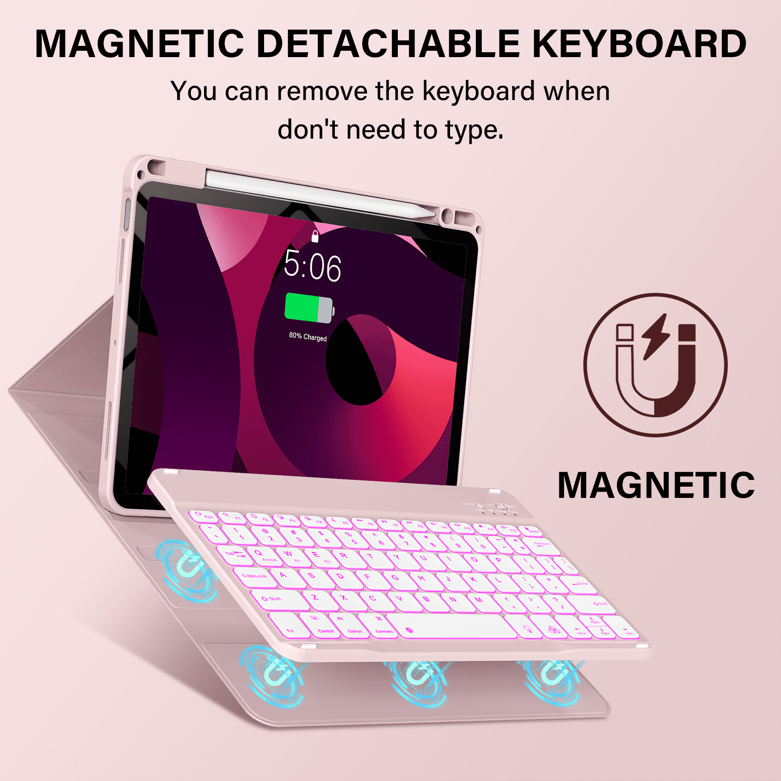 Kenke Keyboard Case for iPad Air 11-inch M3/M2 (2025/2024), iPad Air 5th/4th Generation (2022/2020) - with Pencil Holder,7 Colors Backlit Keyboard,Wireless Detachable Keyboard Cover,(Pink)