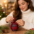 thumbnail image 3 of Red Plaid Christmas Ball Ornament with Velvet Bowknot, Single Piece, Tartan Fabric, for Christmas Tree Decorations, 3 of 3