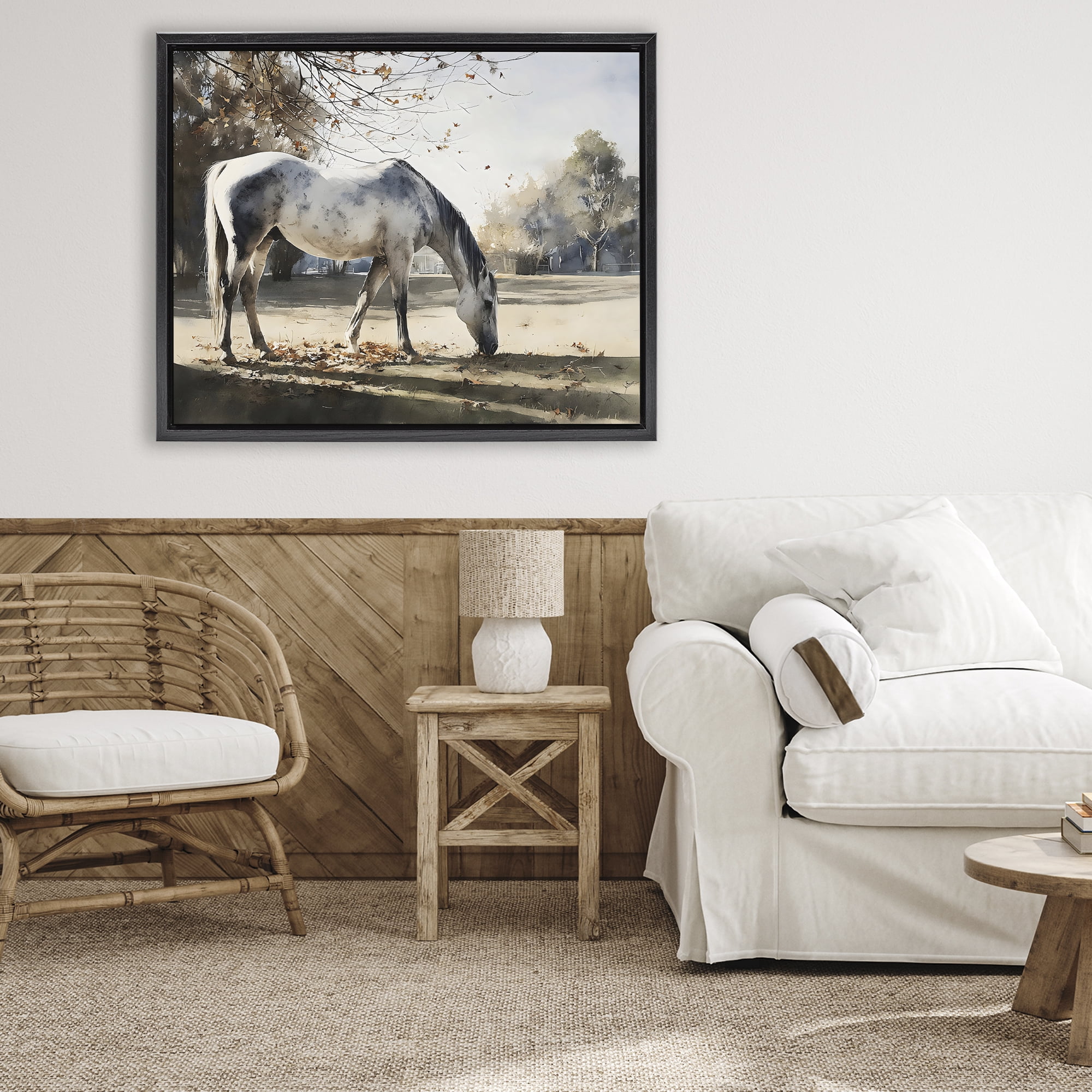 Stupell Industries Grey & White Mare Grazing Black Framed Floater Canvas Wall Art, design by Franklyn Gregory
