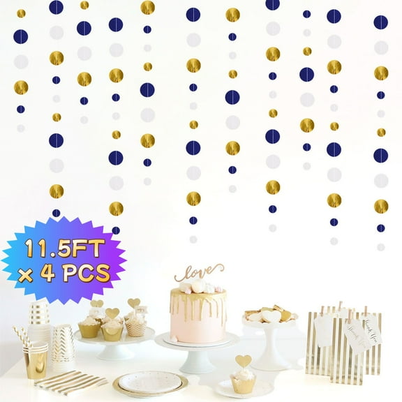 Kabuer Blue and Gold Circle Dots Garland 52ft, Hanging Paper Polka Dot Streamer, Wedding, Birthday, Party Decor