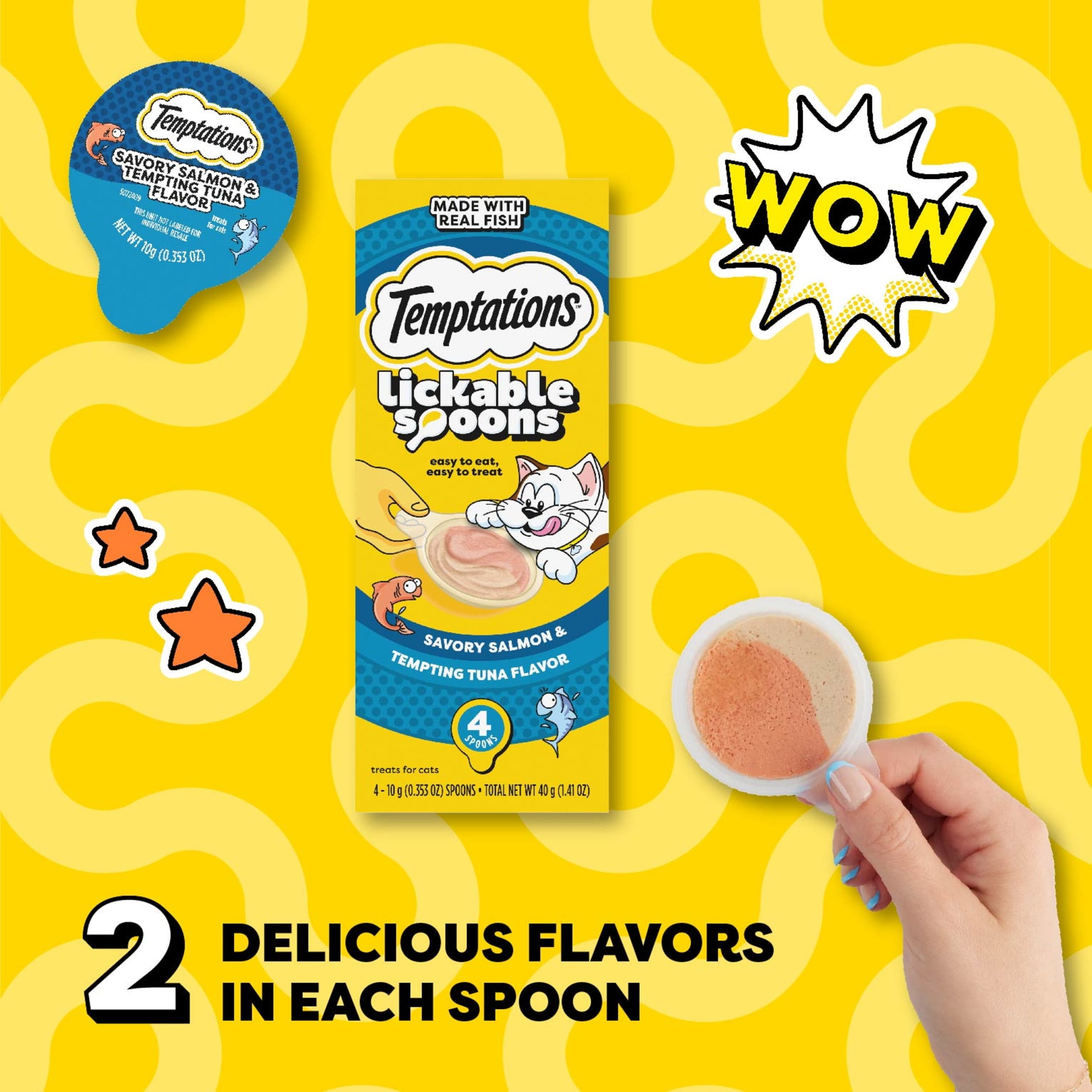 Temptations Lickable Spoons Wet Cat Treat, Savory Salmon & Tempting Tuna, 10 Grams, Pack of 4