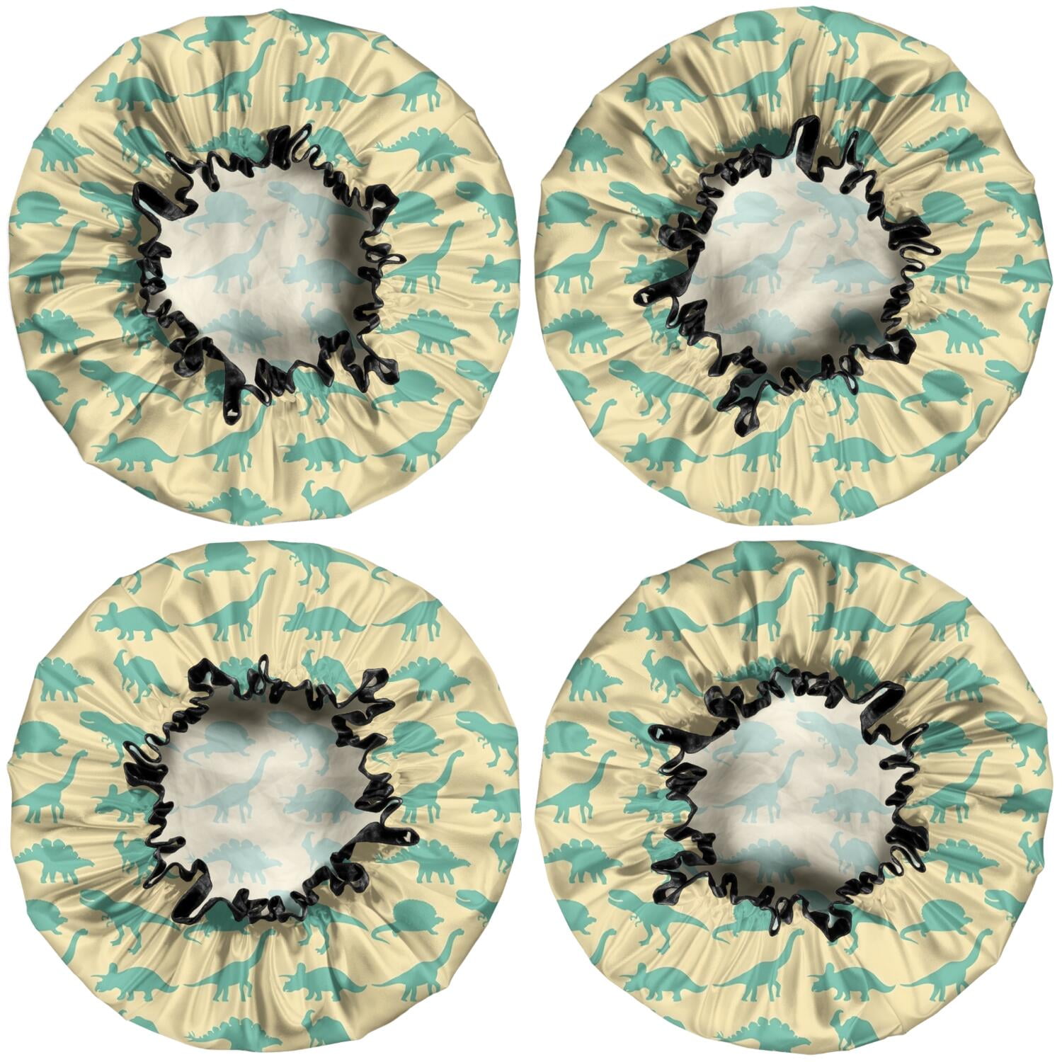 Shower Caps,LightYellow Green Dinosaurs Silhouettes Pattern Waterproof Shower Cap for Women 4 Pieces,Double Reusable Hair Cover for Shower PEVA Elastic Stretch Hem